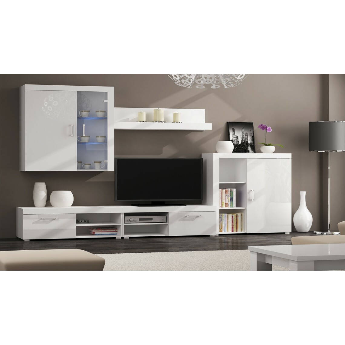 Skraut Home - Ensemble de meubles, Blanc Laqué-Mat 290x200x45cm - Meubles TV, Hi-Fi