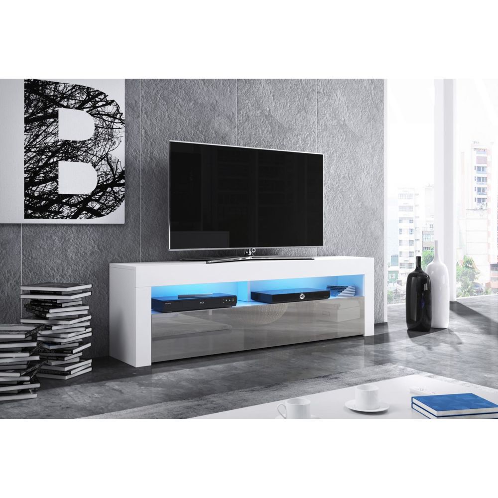 Vivaldi - VIVALDI Meuble TV - MEX - 160 cm - blanc mat / gris brillant +LED - style moderne - Meubles TV, Hi-Fi