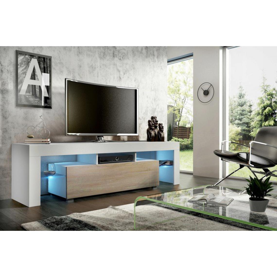 Mpc - Meuble tv 160 cm blanc et sonoma + led rgb - Meubles TV, Hi-Fi