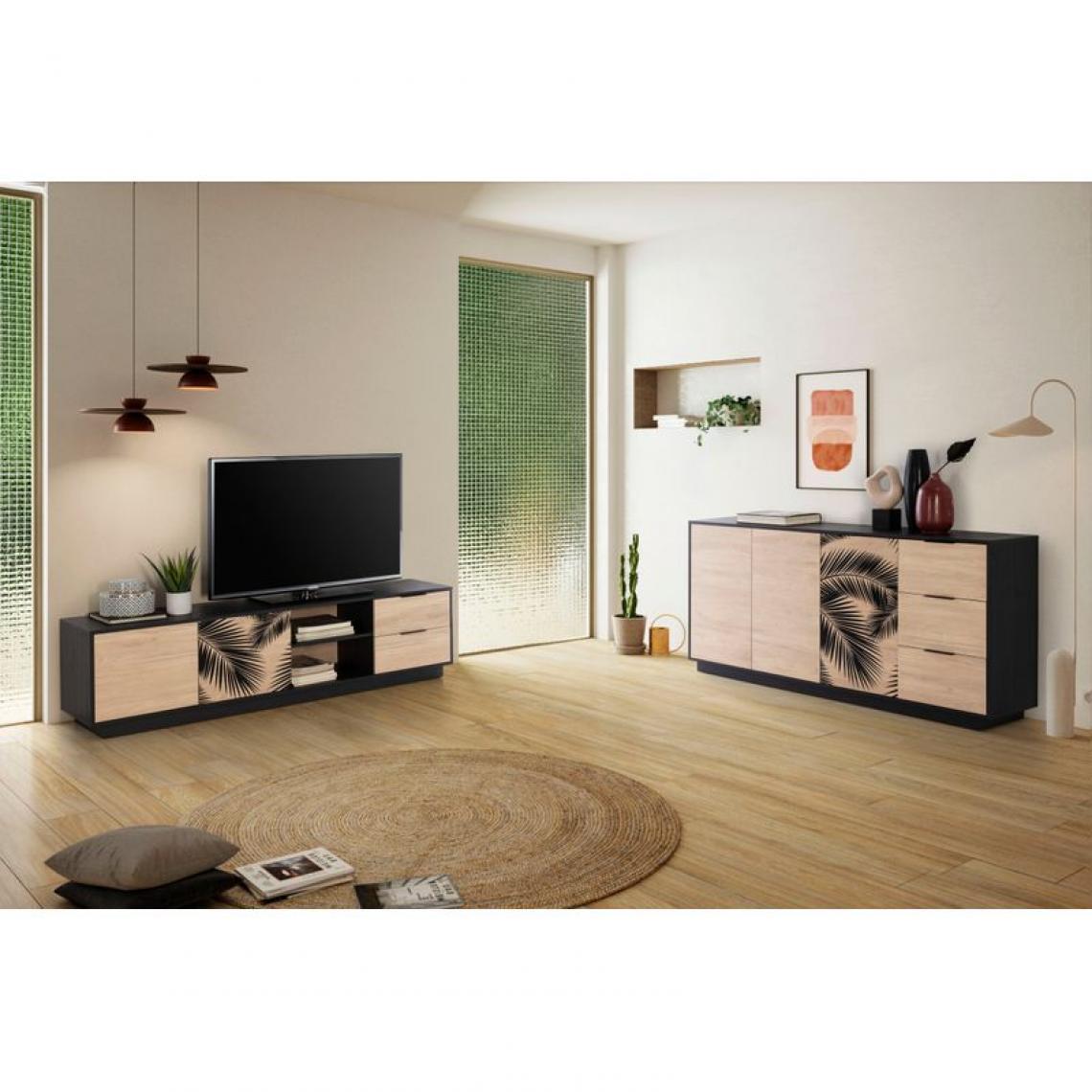 But - Meuble TV L.180 cm DAKOTA imitation chêne clair et noir motif palmier - Meubles TV, Hi-Fi
