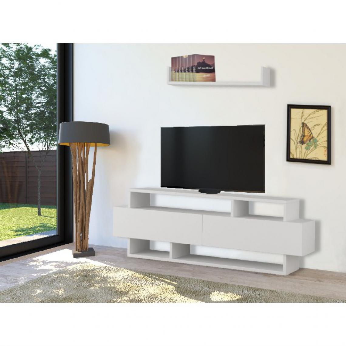 Homemania - HOMEMANIA Stand TV Rela - avec étagère, tablettes, portes - pour le salon, la salle de séjour - bois blanc, 125 x 30 x 42 cm - Meubles TV, Hi-Fi