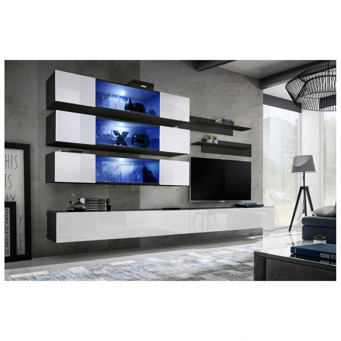 Ac-Deco - Ensemble mural - FLY J - 3 rangements LED - 2 meubles TV - 2 étagères - Noir et blanc - Modèle 2 - Meubles TV, Hi-Fi