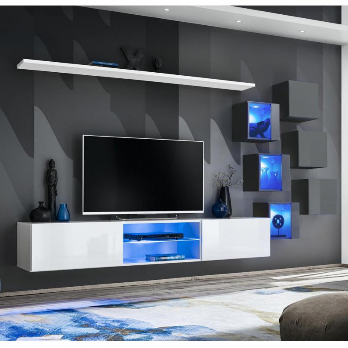Ac-Deco - Ensemble Meuble TV Switch XXI 180cm Blanc & Gris - Meubles TV, Hi-Fi