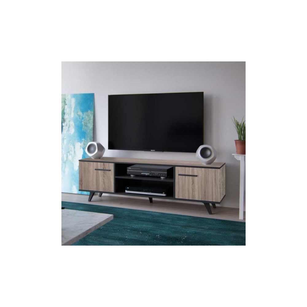 Dansmamaison - Meuble TV 2 portes Chêne/Noir - AVIGNON - L 151 x l 40 x H 46 cm - Meubles TV, Hi-Fi