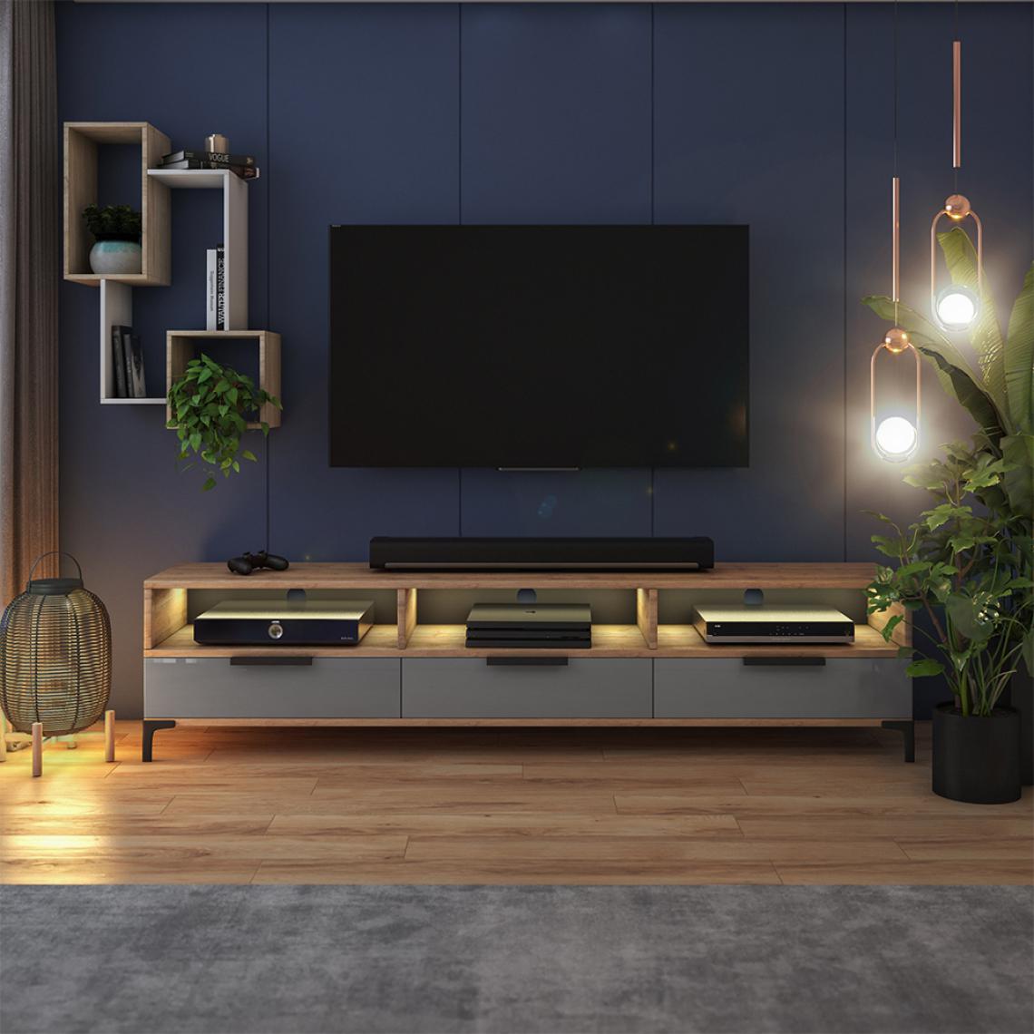 Selsey - Meuble tv - RIKKE - 160 cm - chêne wotan / gris brillant - avec LED à piles - Meubles TV, Hi-Fi