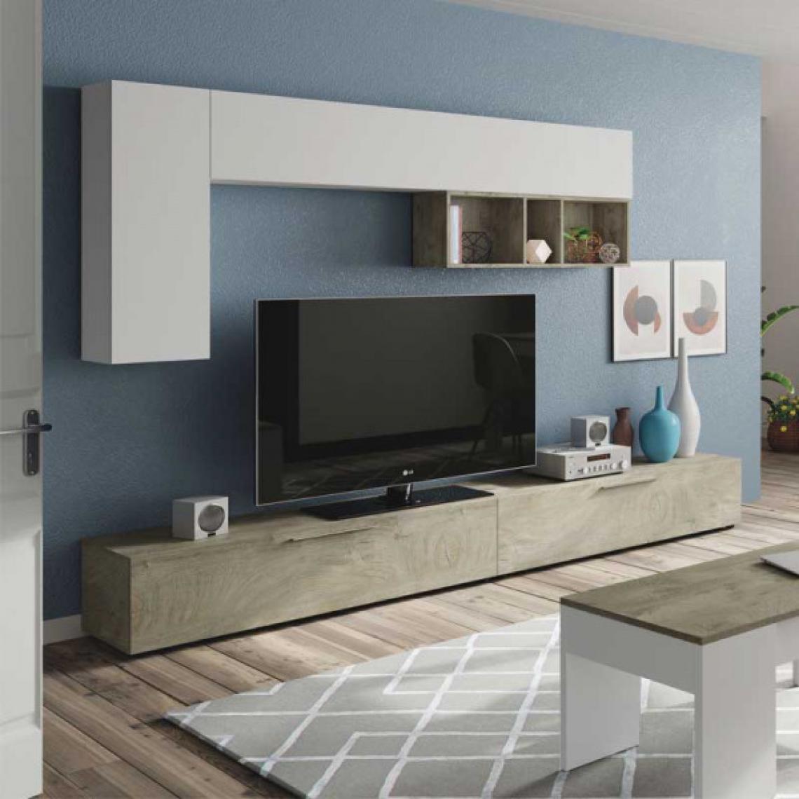 Dansmamaison - Composition TV modulable Blanc/Chêne clair - IROLA - L 260 x l 42 x H 32 cm - Meubles TV, Hi-Fi