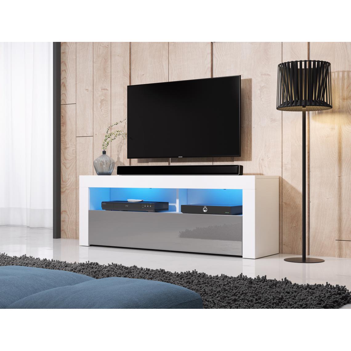 3xeliving - Meuble TV moderne / élégant Nuntak blanc / gris brillant 140cm LED - Meubles TV, Hi-Fi