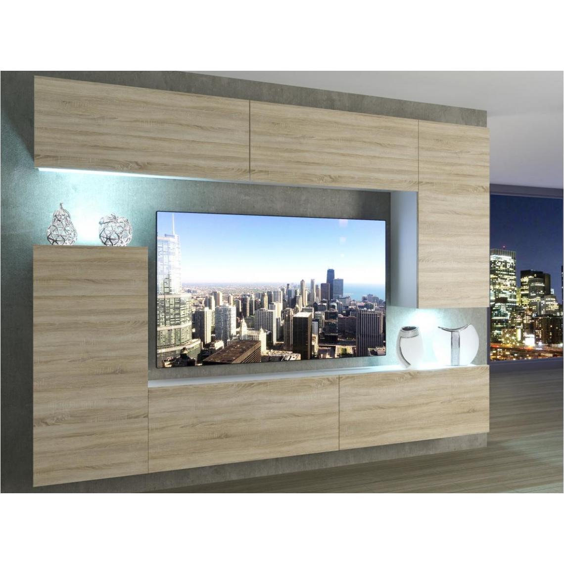 Hucoco - SLIDE - Ensemble meubles TV - Unité murale largeur 250 cm - Mur TV à suspendre - Aspect bois - Sans LED - Sonoma - Meubles TV, Hi-Fi