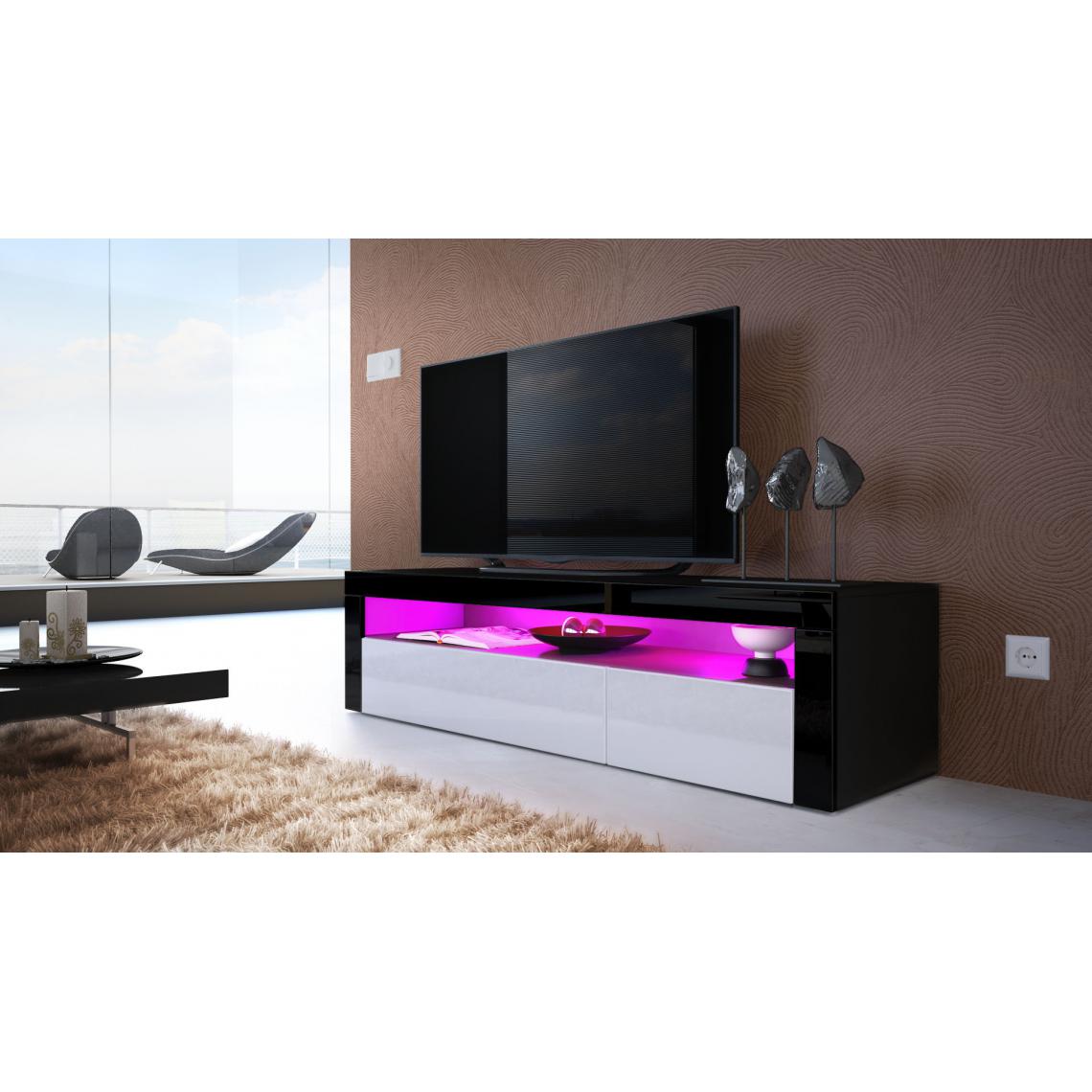 Mpc - Meuble bas noir mat / noir et blanc laqué avec led 155 cm - Meubles TV, Hi-Fi