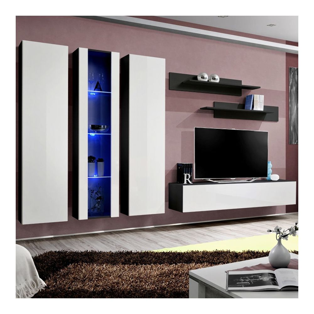Nouvomeuble - Meuble TV complet blanc et noir ORLANDO - Meubles TV, Hi-Fi