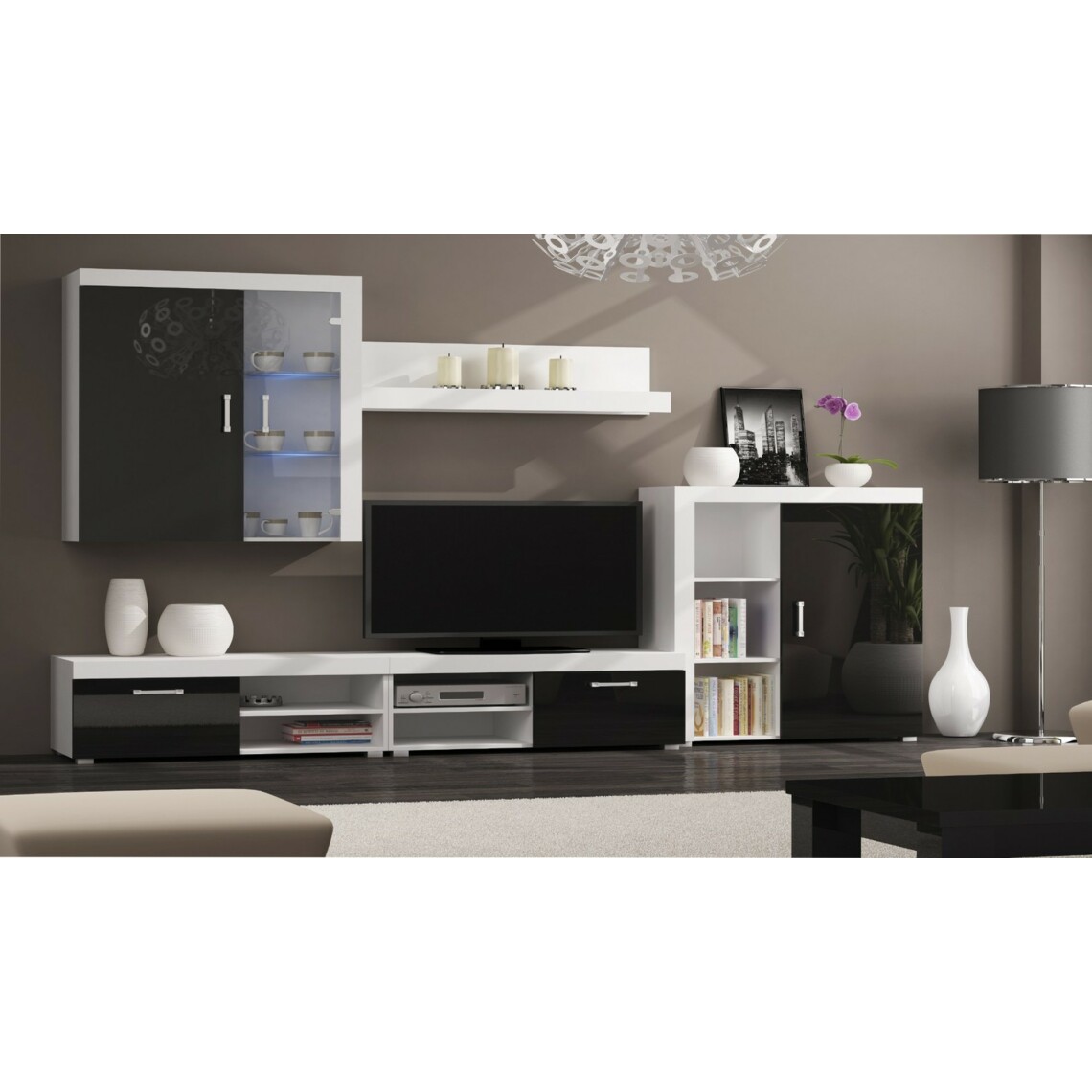 Skraut Home - Ensemble meubles, Noir Laqué-Blanc Mat.290x200x45cm - Meubles TV, Hi-Fi
