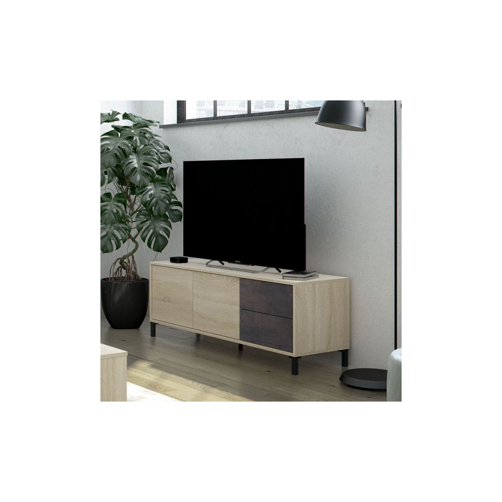 Dansmamaison - Meuble TV 2 portes Béton/Chêne clair - CALIA - L 130 x l 41 x H 47 cm - Meubles TV, Hi-Fi