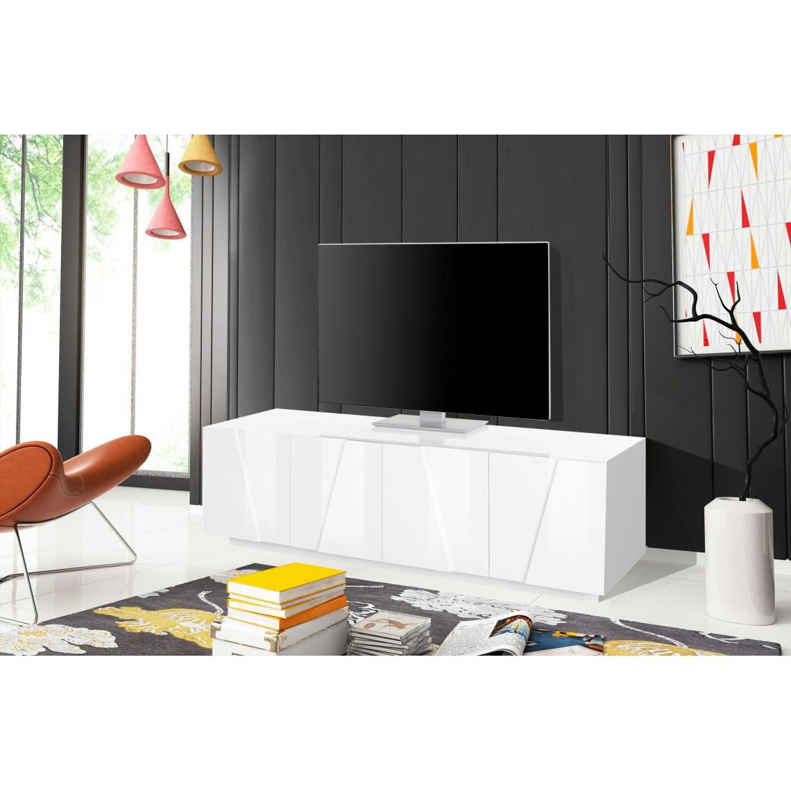 Alter - Meuble TV de salon, Made in Italy, Meuble TV avec 4 portes avec détail, 162x44h46 cm, couleur blanc brillant - Meubles TV, Hi-Fi
