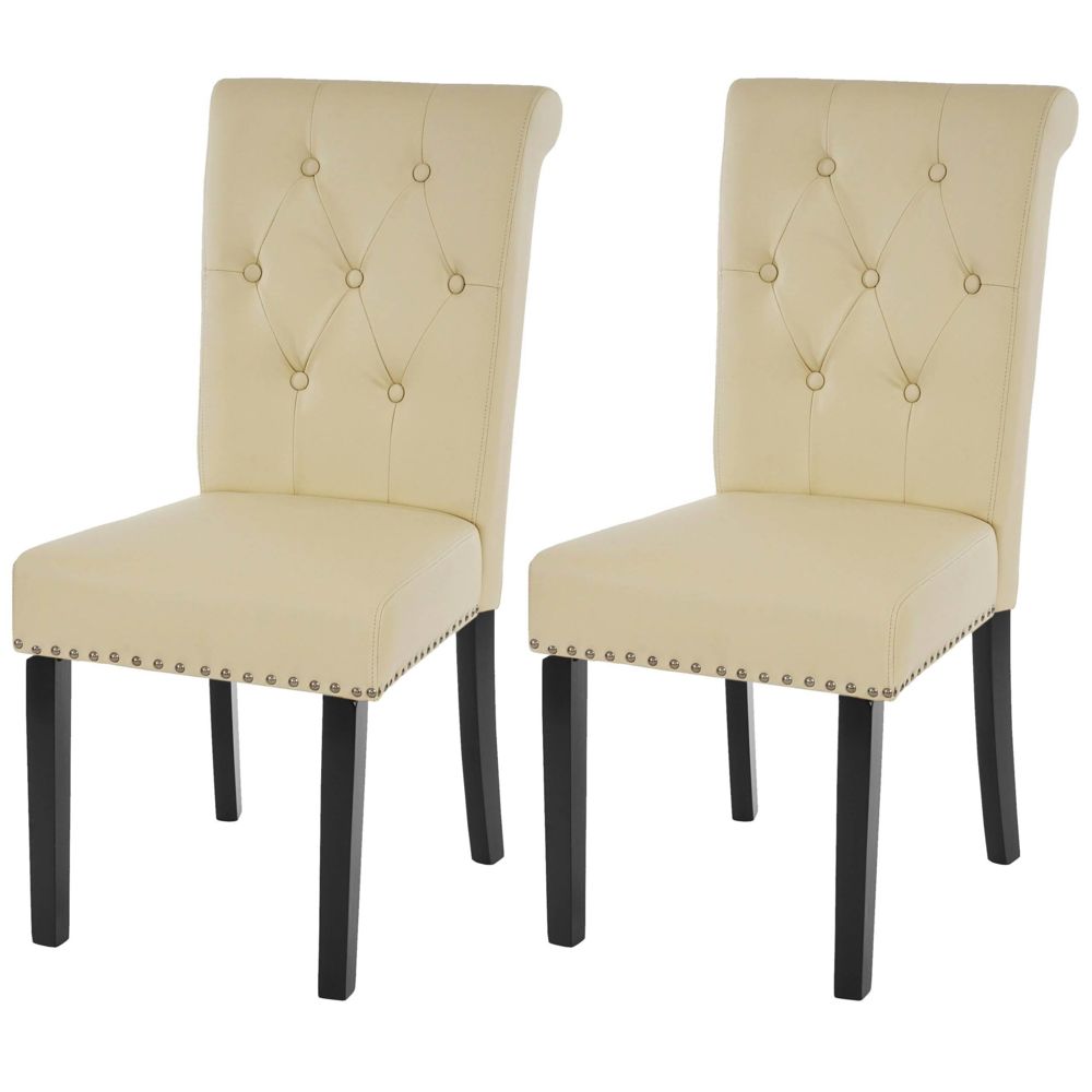 Mendler - 2x chaise de salle à manger Chesterfield II, fauteuil avec rivets, similicuir crème, pieds foncés - Chaises