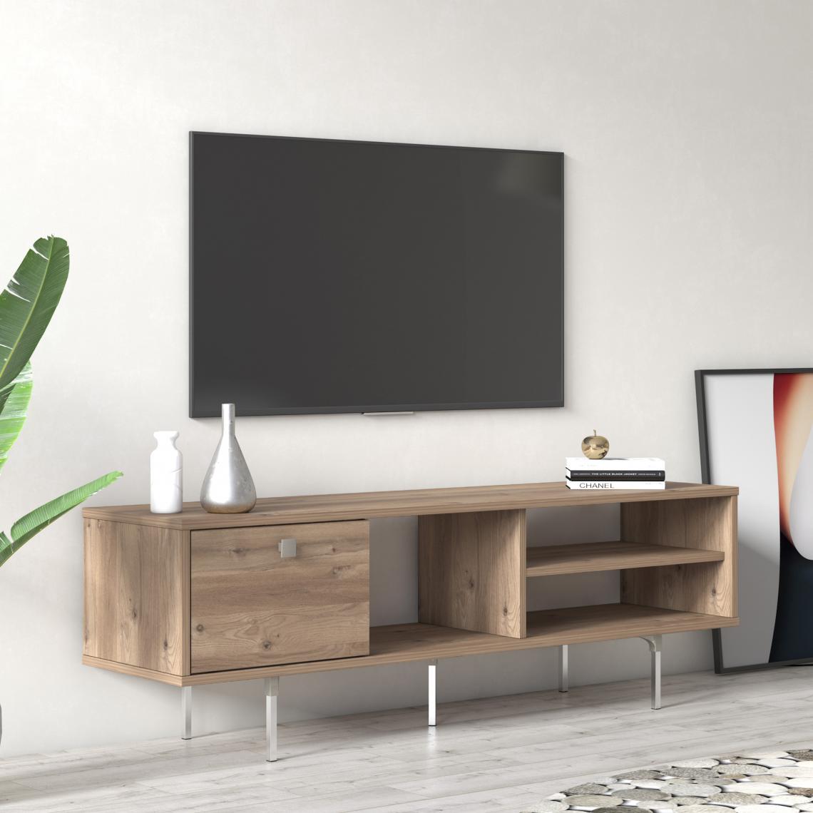Alter - Meuble TV de salon avec une porte abattante et compartiments, 140 x 35 x 45 cm, coloris chêne - Meubles TV, Hi-Fi
