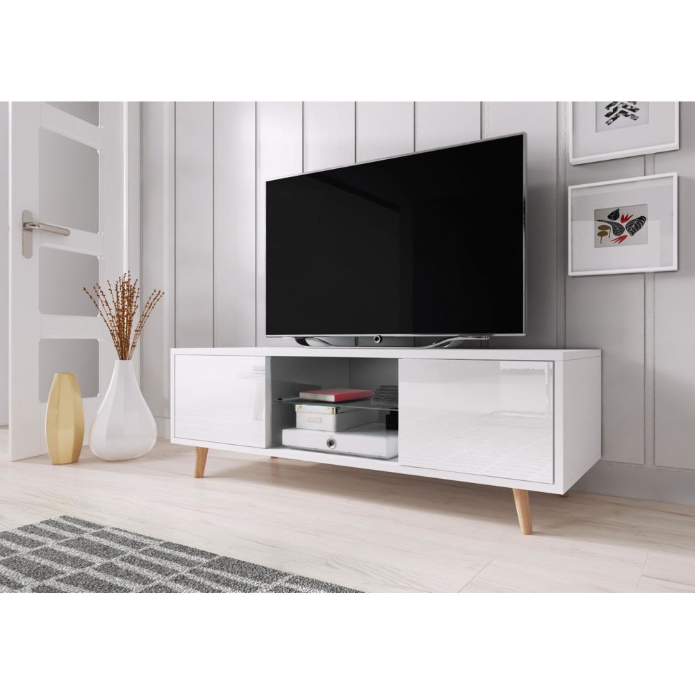 Vivaldi - VIVALDI Meuble TV - SWEDEN - 140 cm - blanc mat / blanc brillant - style scandinave - Meubles TV, Hi-Fi