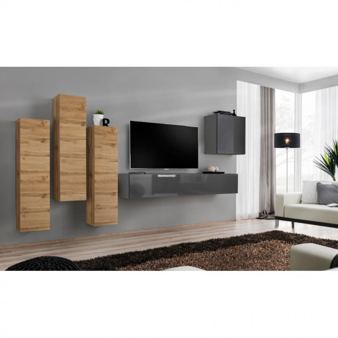 Ac-Deco - Meuble TV Mural Design Switch III 330cm Naturel & Gris - Meubles TV, Hi-Fi