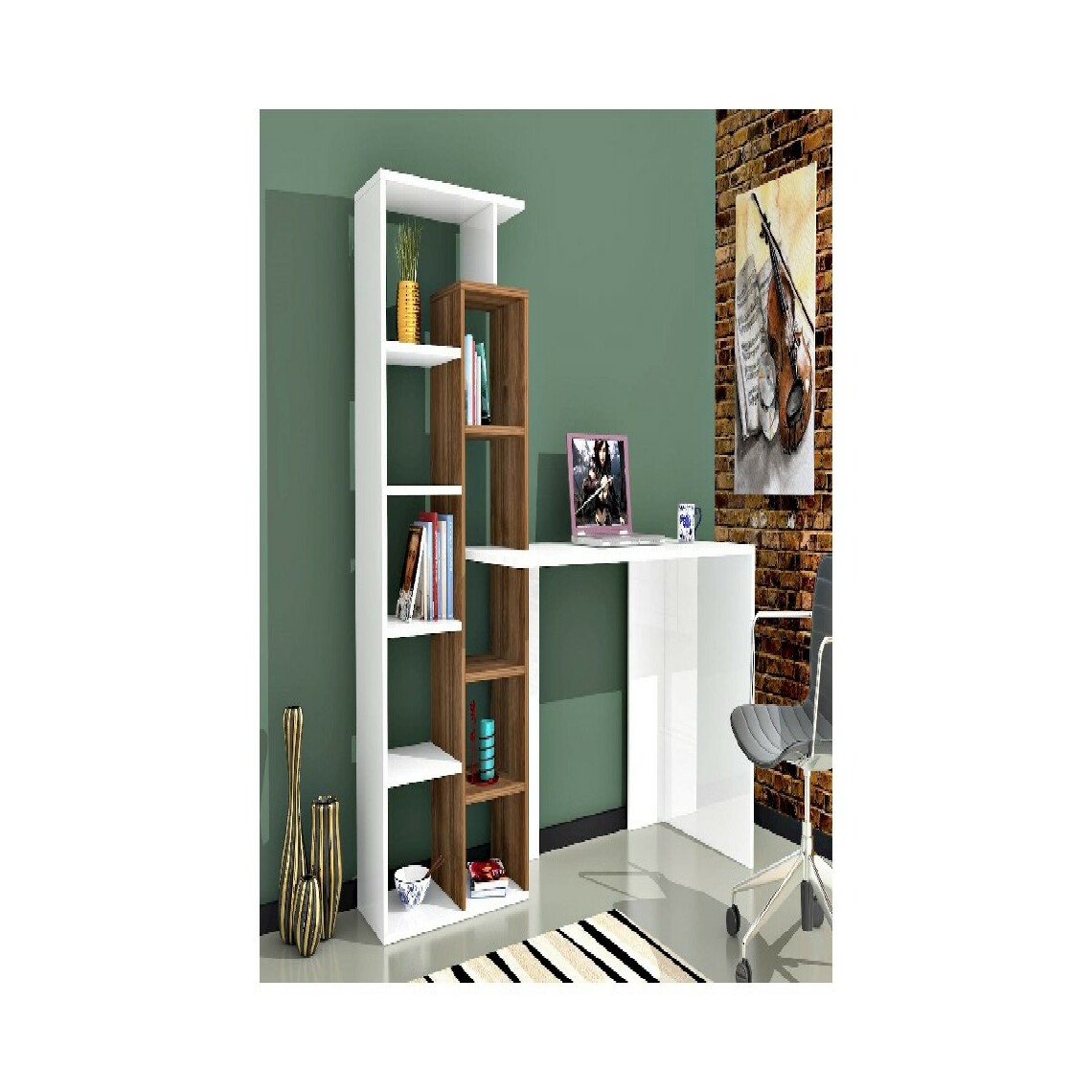 Homemania - HOMEMANIA Poly Bureau - avec bibliothèque intégrée - avec étagères - Studio, chambre à coucher, bureau - Blanc, Noyer en Bois, 162 x 60 x 148 cm - Rangements à chaussures