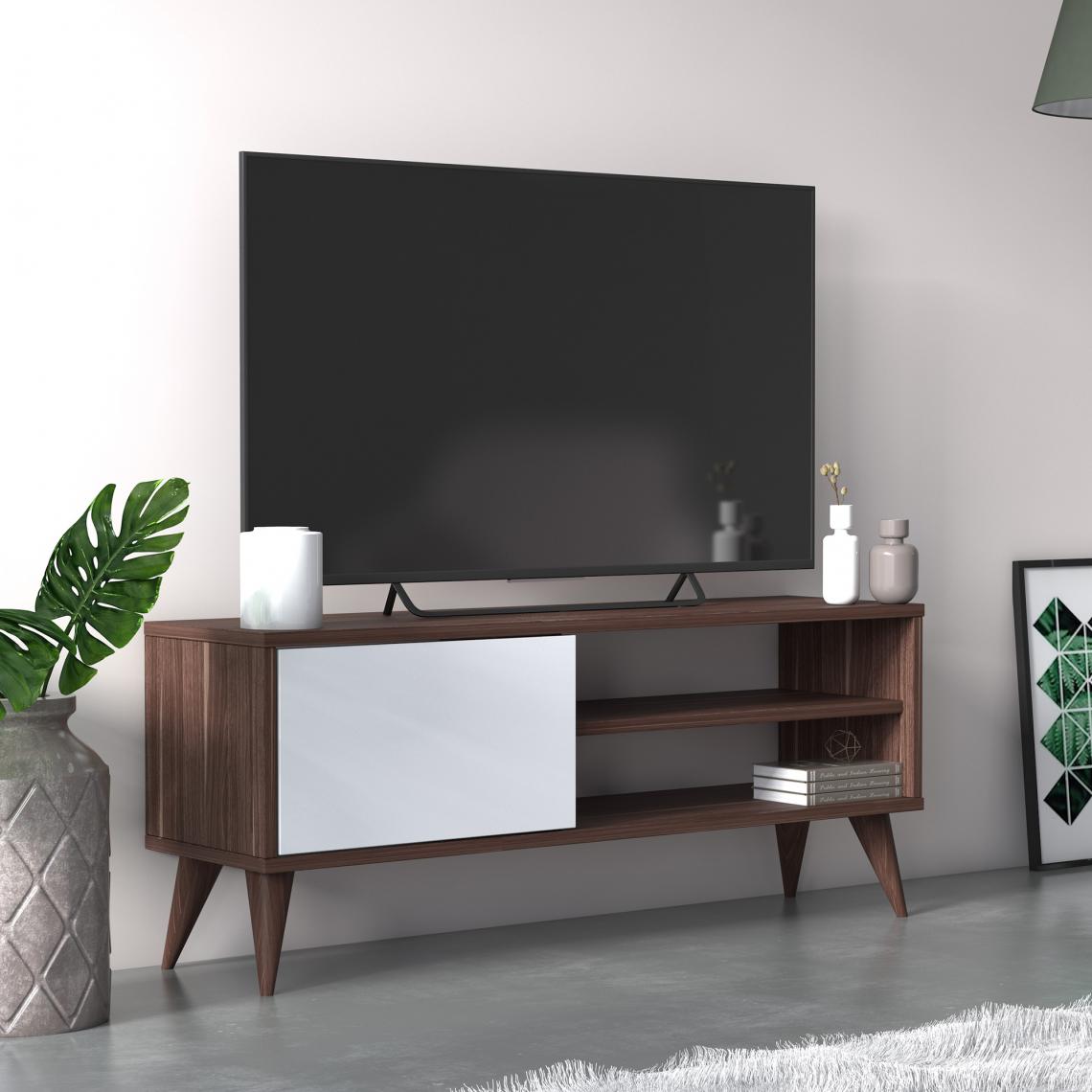 Alter - Meuble TV de salon avec une porte battante et des compartiments, 110 x 30 x 45 cm, couleur noyer avec détail blanc - Meubles TV, Hi-Fi
