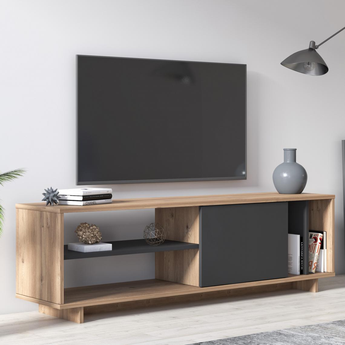 Alter - Meuble TV de salon à quatre compartiments et une porte battante, 152 x 35 x 46 cm, coloris chêne et anthracite - Meubles TV, Hi-Fi