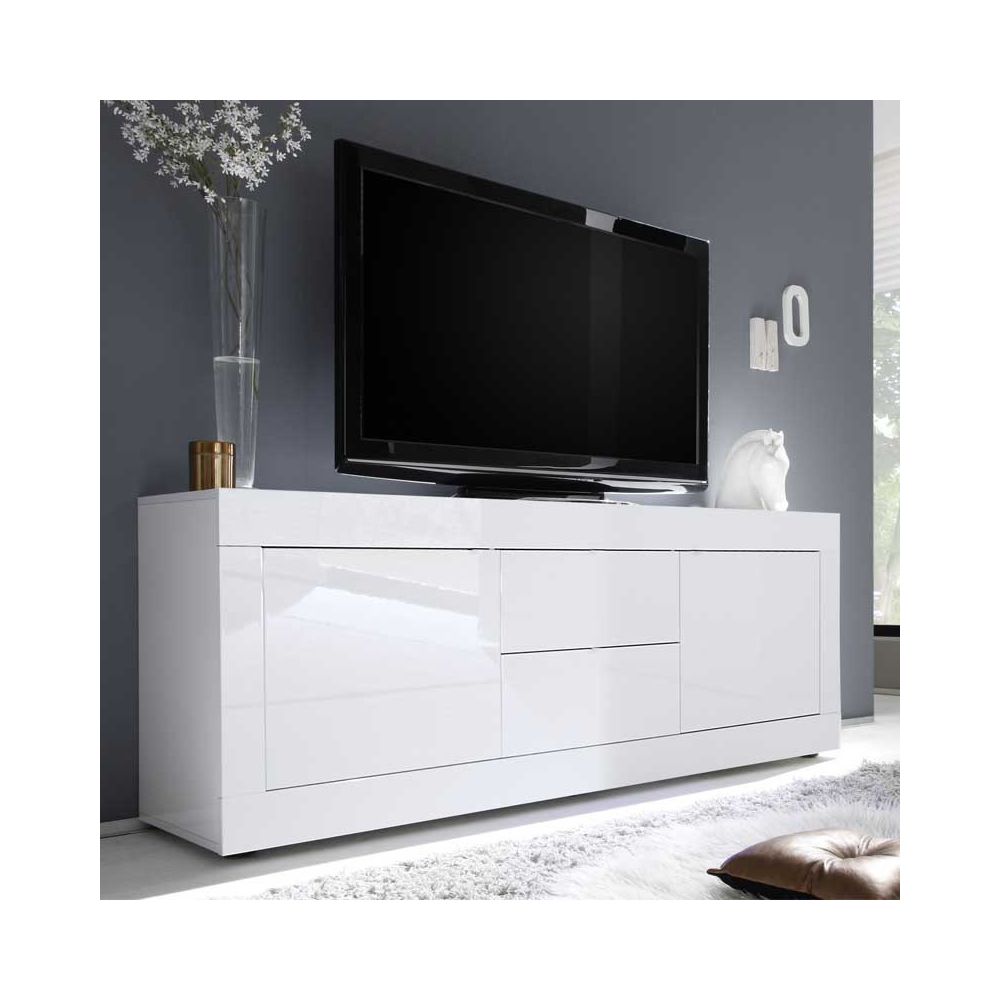 Tousmesmeubles - Meuble TV 2 portes 2 tiroirs Blanc laqué brillant - MATERA - Meubles TV, Hi-Fi