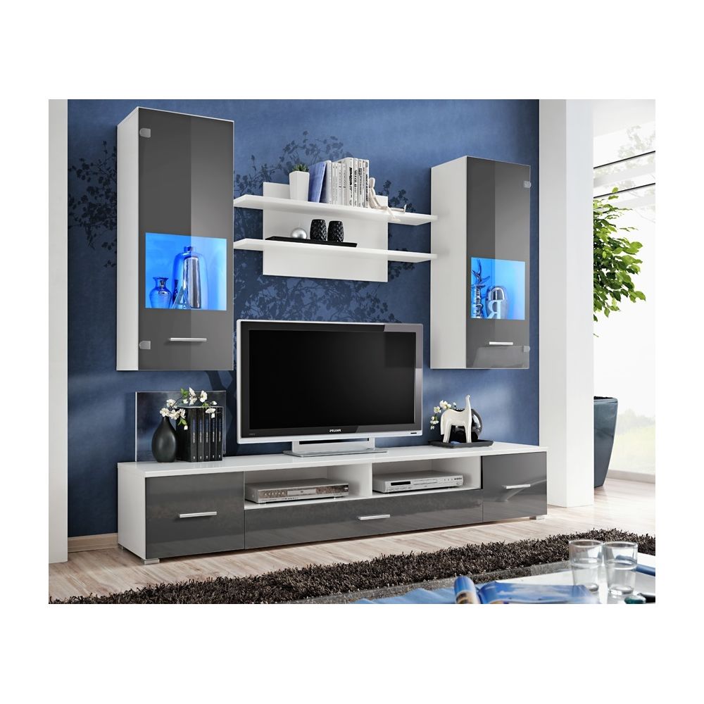 Dusine - Meuble TV mural Magnetic Gris brillant et Blanc mat 200cm - Meubles TV, Hi-Fi