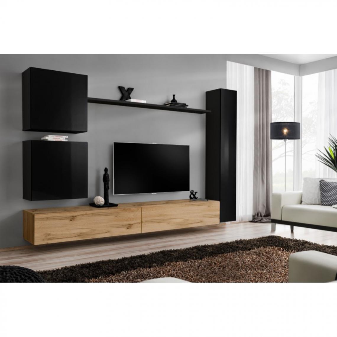 Ac-Deco - Meuble TV Mural Design Switch VIII 280cm Noir & Naturel - Meubles TV, Hi-Fi