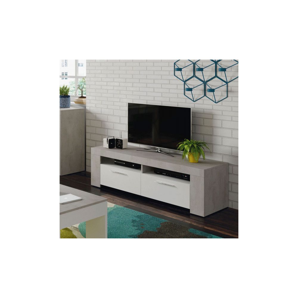 Dansmamaison - Meuble TV 2 portes 2 niches Blanc/Béton ciré clair - RUINUI - L 120 x l 42 x H 40 cm - Meubles TV, Hi-Fi