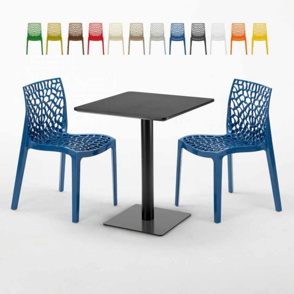 Grand Soleil - Table carrée 60x60 noire avec 2 chaises colorées Gruvyer Licorice, Couleur: Bleu - Tables à manger