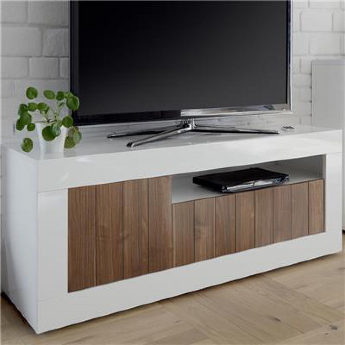 Nouvomeuble - Meuble tv 140 cm marron et blanc laqué moderne, 3 portes URBAN 4 - Meubles TV, Hi-Fi