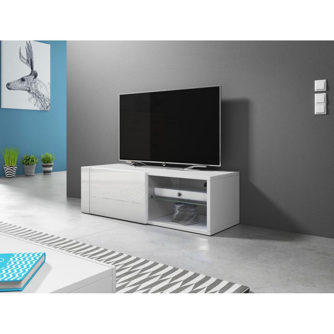 Pegane - Meuble TV coloris blanc mat / blanc brillant - Hauteur 31 x Longueur 100 x Profondeur 36 cm - Meubles TV, Hi-Fi