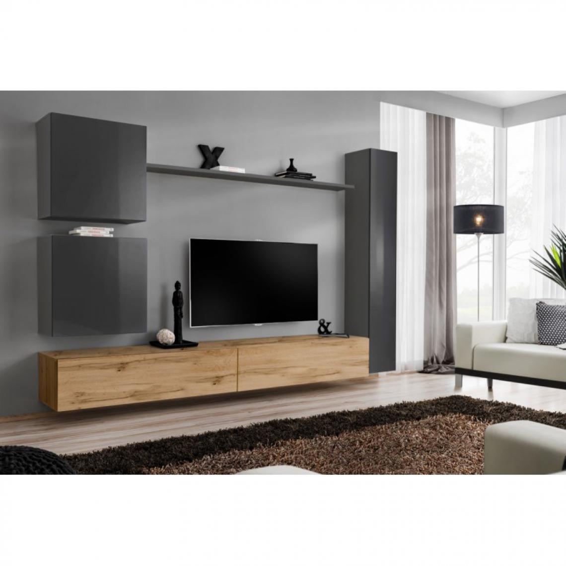 Ac-Deco - Meuble TV Mural Design Switch VIII 280cm Gris & Naturel - Meubles TV, Hi-Fi