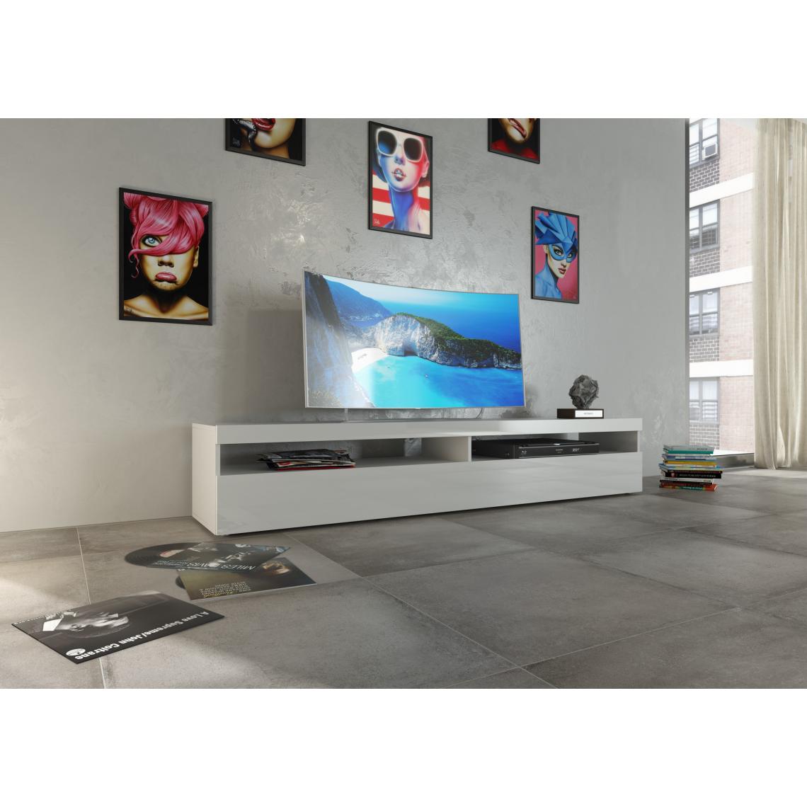 Alter - Meuble TV de salon, Made in Italy, Meuble TV avec 1 porte abattante et étagères, cm 200x45h36, couleur blanc brillant - Meubles TV, Hi-Fi