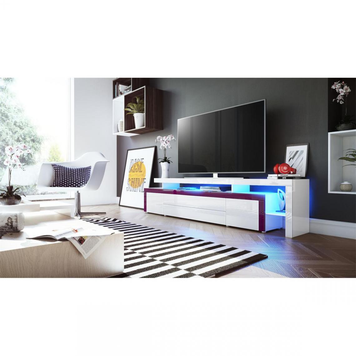 Mpc - Meuble tv blanc brillant et bordure mûre + led rgb (LxHxP): 227 x 52 x 35 cm - Meubles TV, Hi-Fi