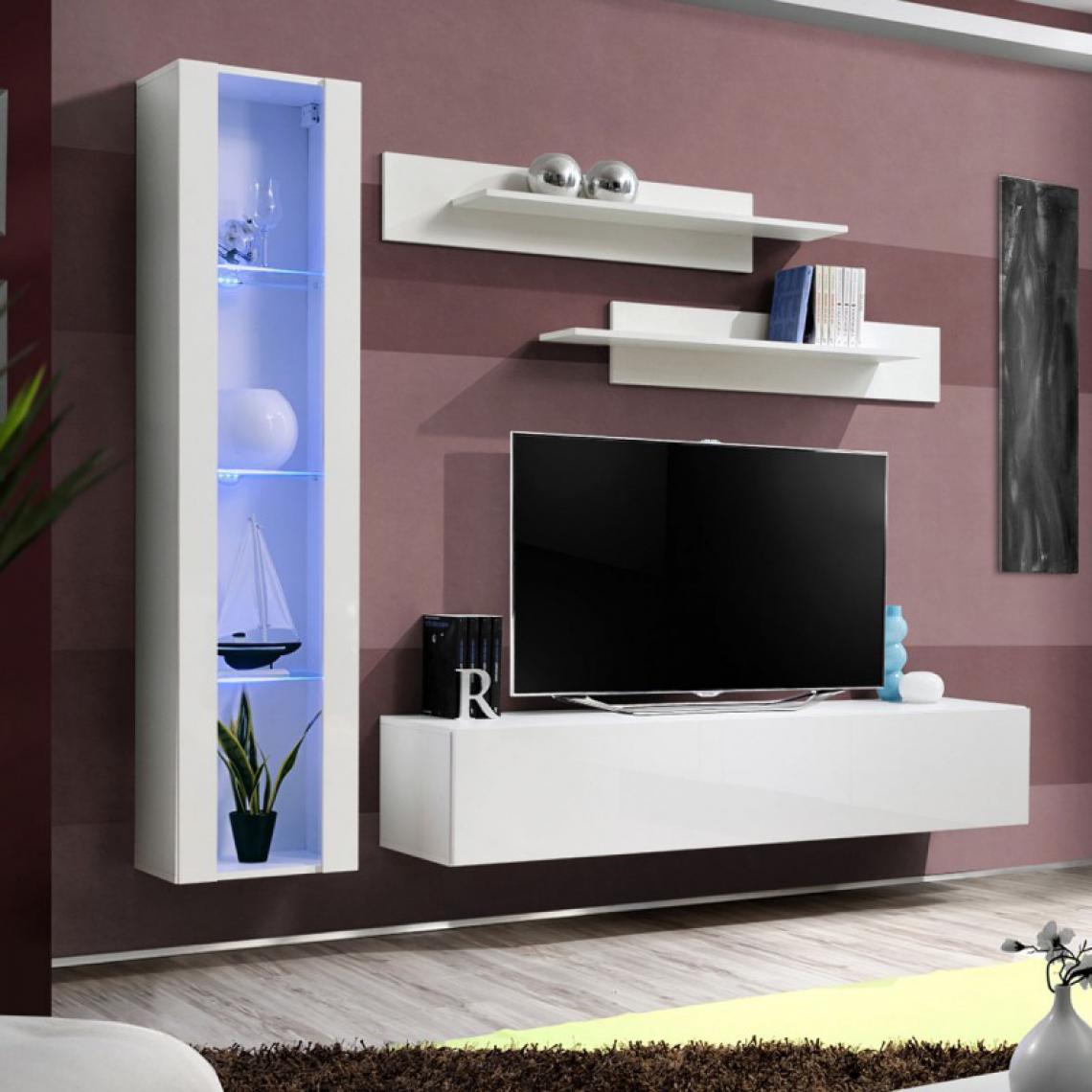 Ac-Deco - Meuble TV Mural Design Fly II 210cm Blanc - Meubles TV, Hi-Fi