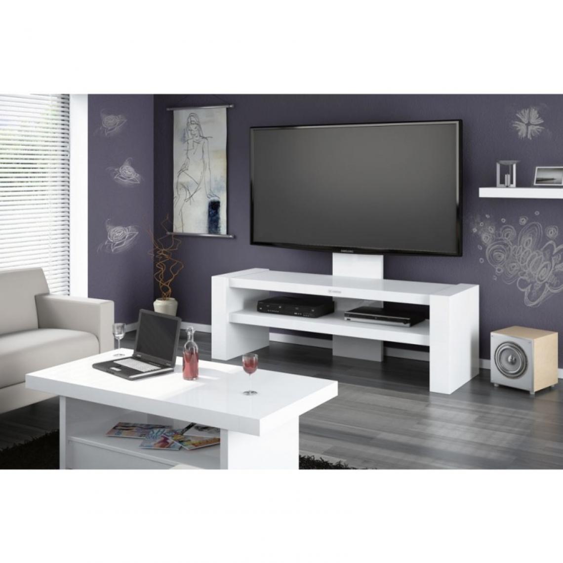 Carellia - Meuble TV design laqué 138 cm x 47 cm x 118 cm - Blanc - Meubles TV, Hi-Fi
