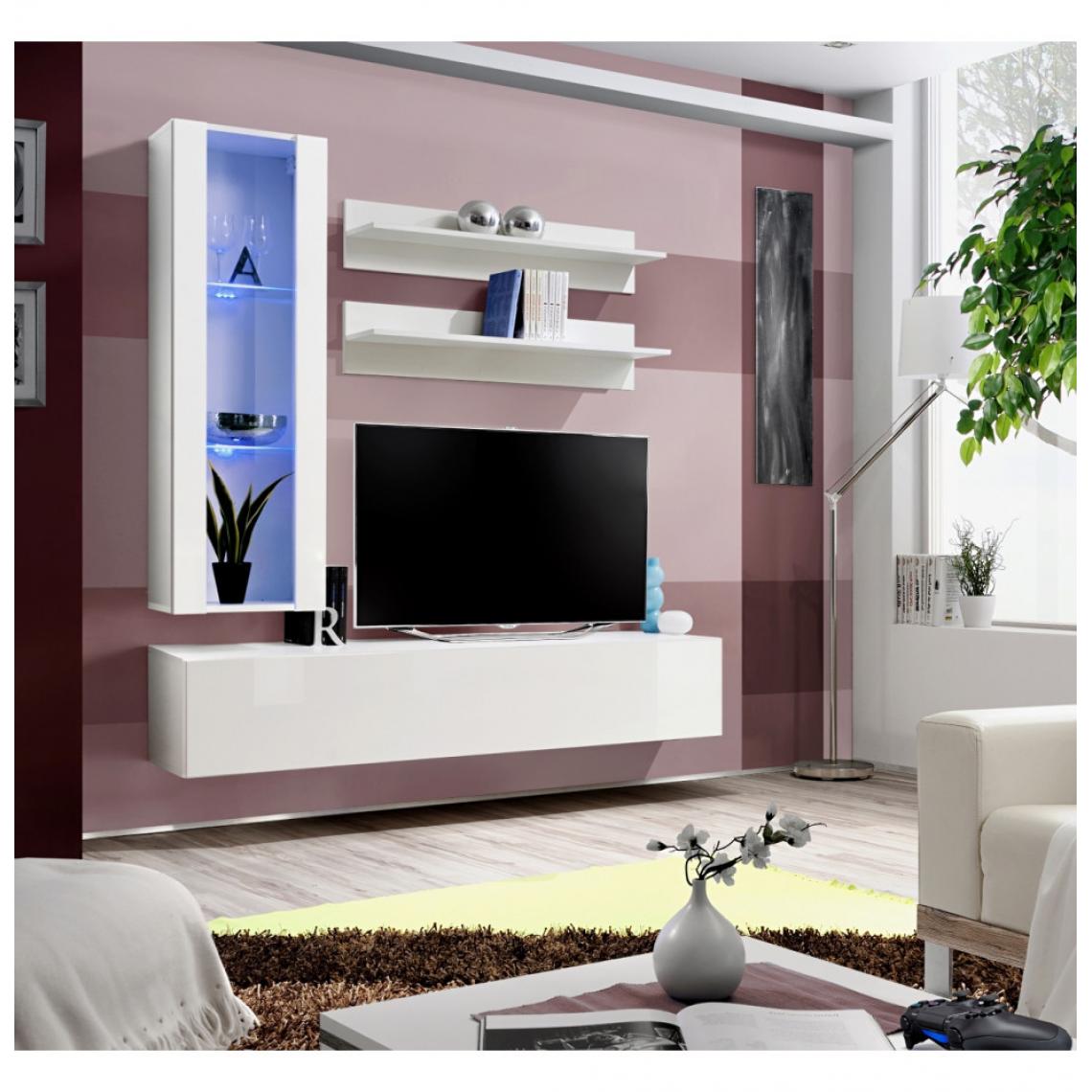 Ac-Deco - Ensemble meuble TV mural - Fly II - 160 cm x 170 cm x 40 cm - Blanc - Meubles TV, Hi-Fi