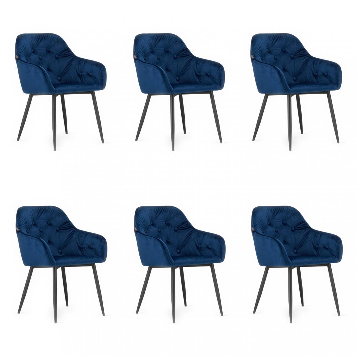 Hucoco - FORTO - Lot de 6 chaises style glamour salon/salle à manger - 81x55.5x61 cm - Fauteuil de table en velours - Bleu - Chaises