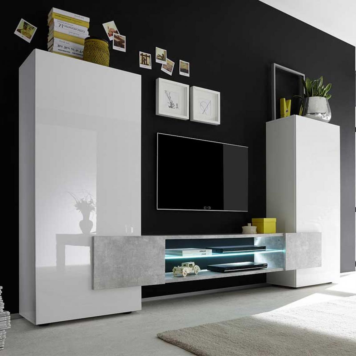 Tousmesmeubles - Composition TV 2 portes laqué Blanc brillant/Béton ciré à LEDs - CATANE - Meubles TV, Hi-Fi