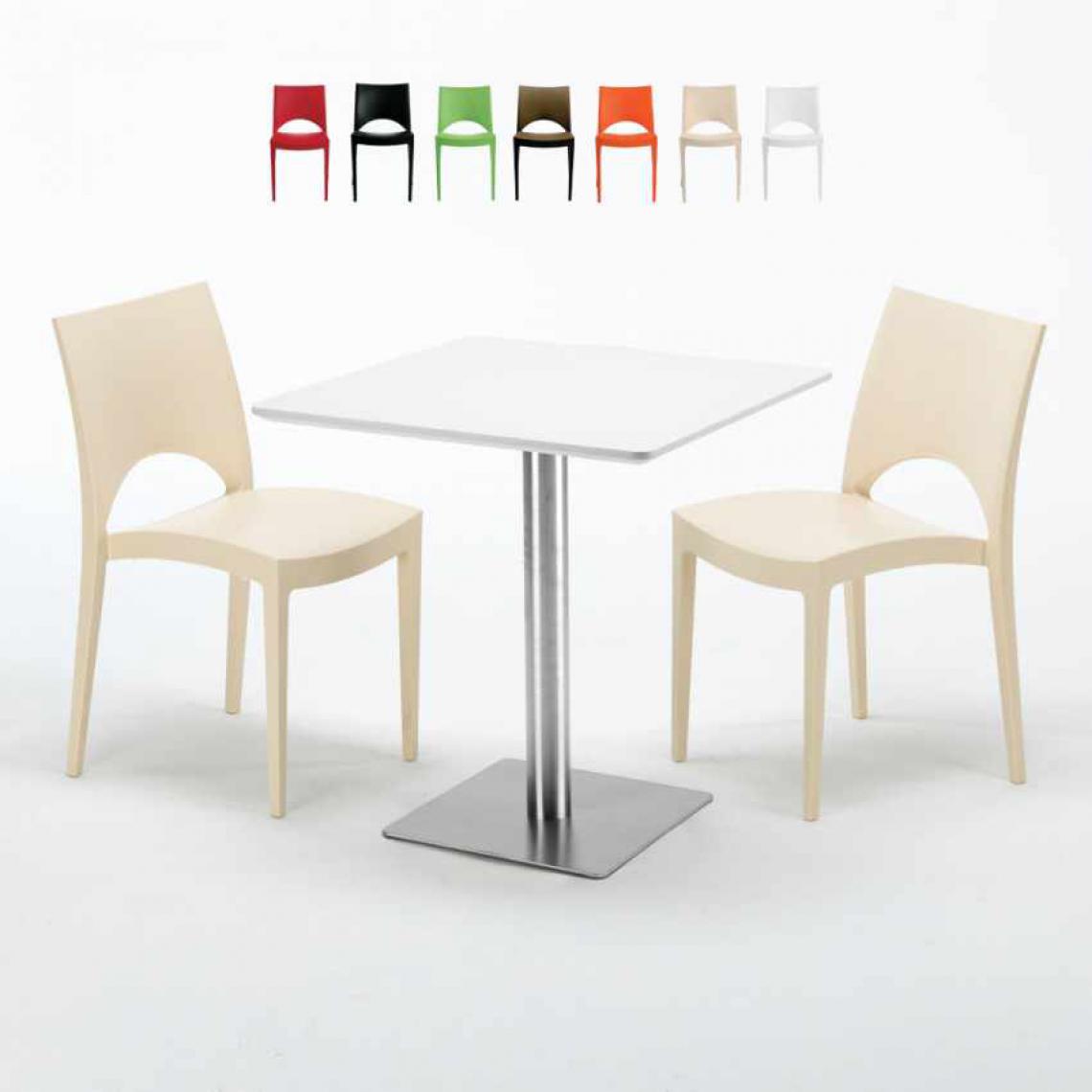 Grand Soleil - Table carrée blanche 70x70 avec pied en acier et 2 chaises colorées Paris Strawberry, Couleur: Beige - Tables à manger