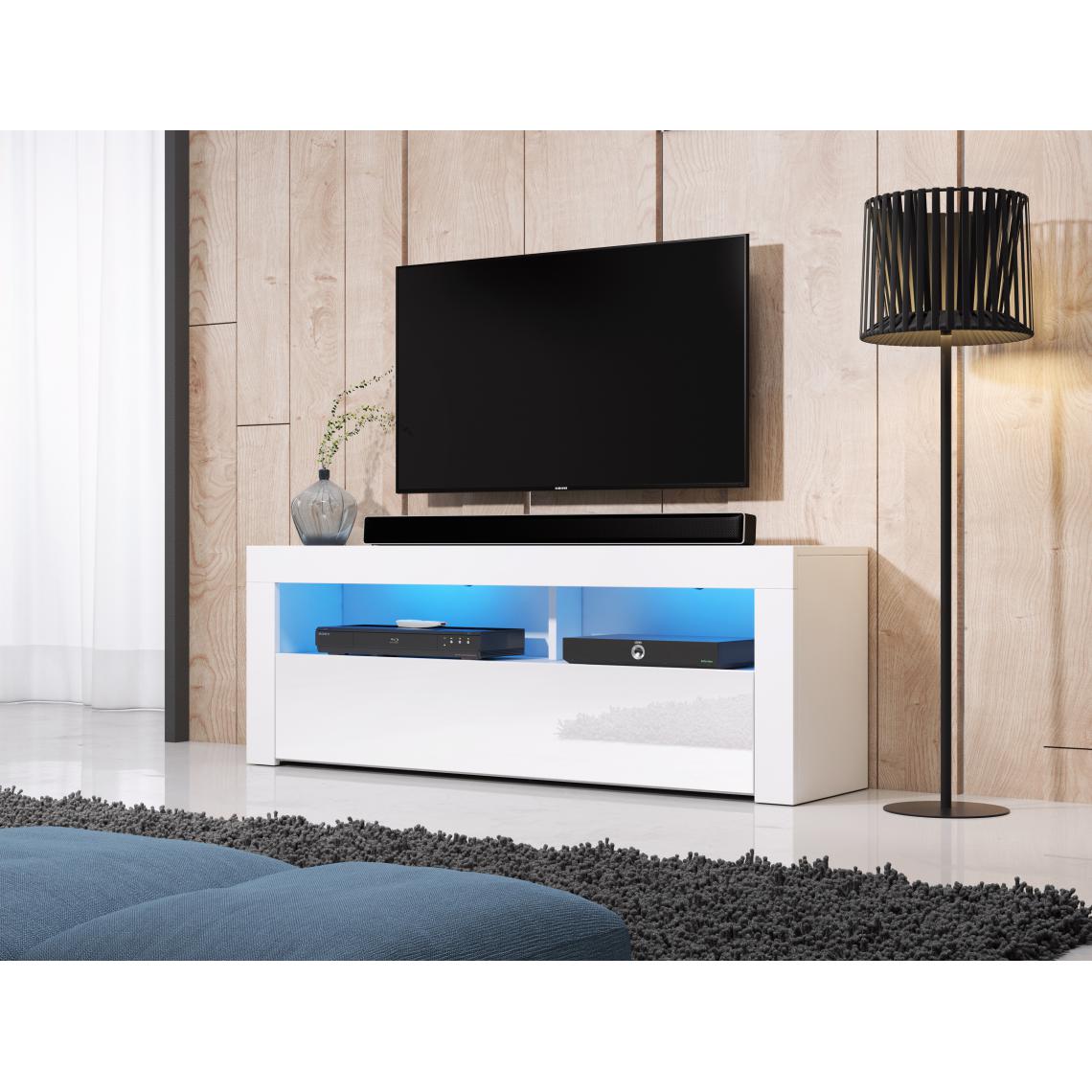 3xeliving - Meuble TV moderne / élégant Nuntak blanc / blanc brillant 140cm LED - Meubles TV, Hi-Fi