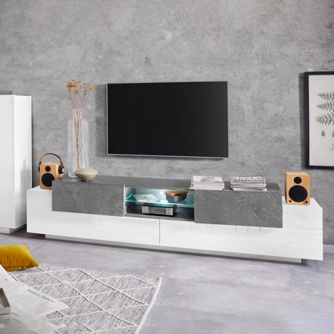 Ahd Amazing Home Design - Meuble TV 3 Portes Compartiment Ouvert 200cm Blanc Ardoise New Coro Low L - Meubles TV, Hi-Fi