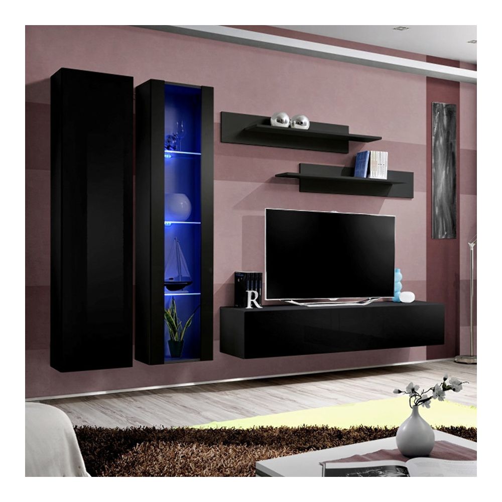 Nouvomeuble - Ensemble meuble tele noir PADRU - Meubles TV, Hi-Fi