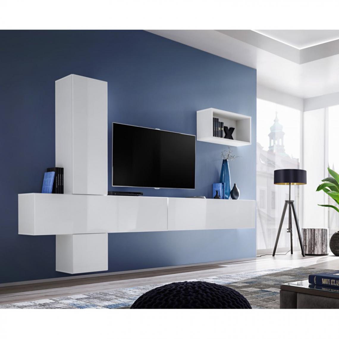 Ac-Deco - Meuble TV Mural Design Blox VI 280cm Blanc - Meubles TV, Hi-Fi