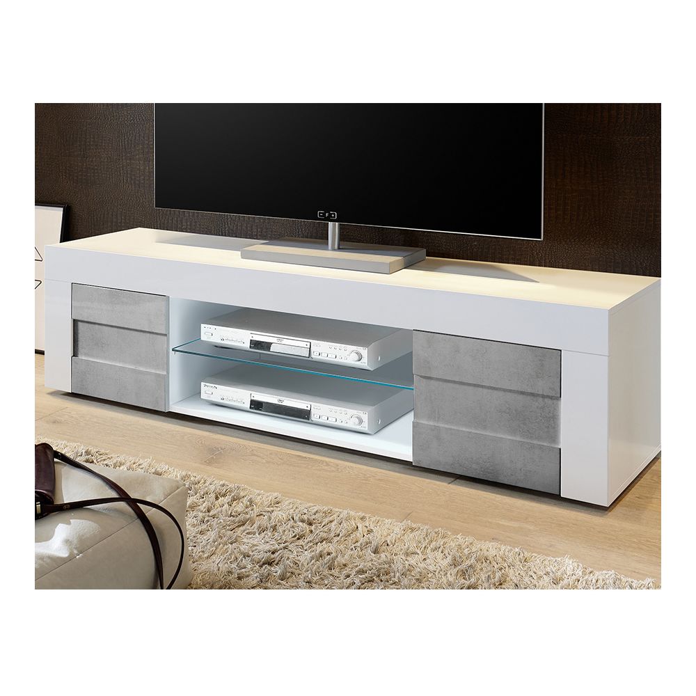 Kasalinea - Meuble TV blanc laqué brillant et effet béton BROOKLYN - L 181 cm - Meubles TV, Hi-Fi