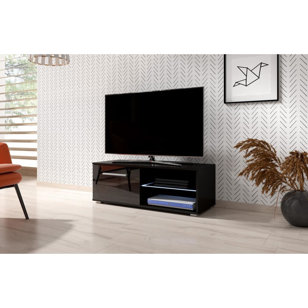 Vivaldi - VIVALDI Meuble TV - MOON 2 - 100 cm - noir mat / noir brillant +LED - style moderne - Meubles TV, Hi-Fi