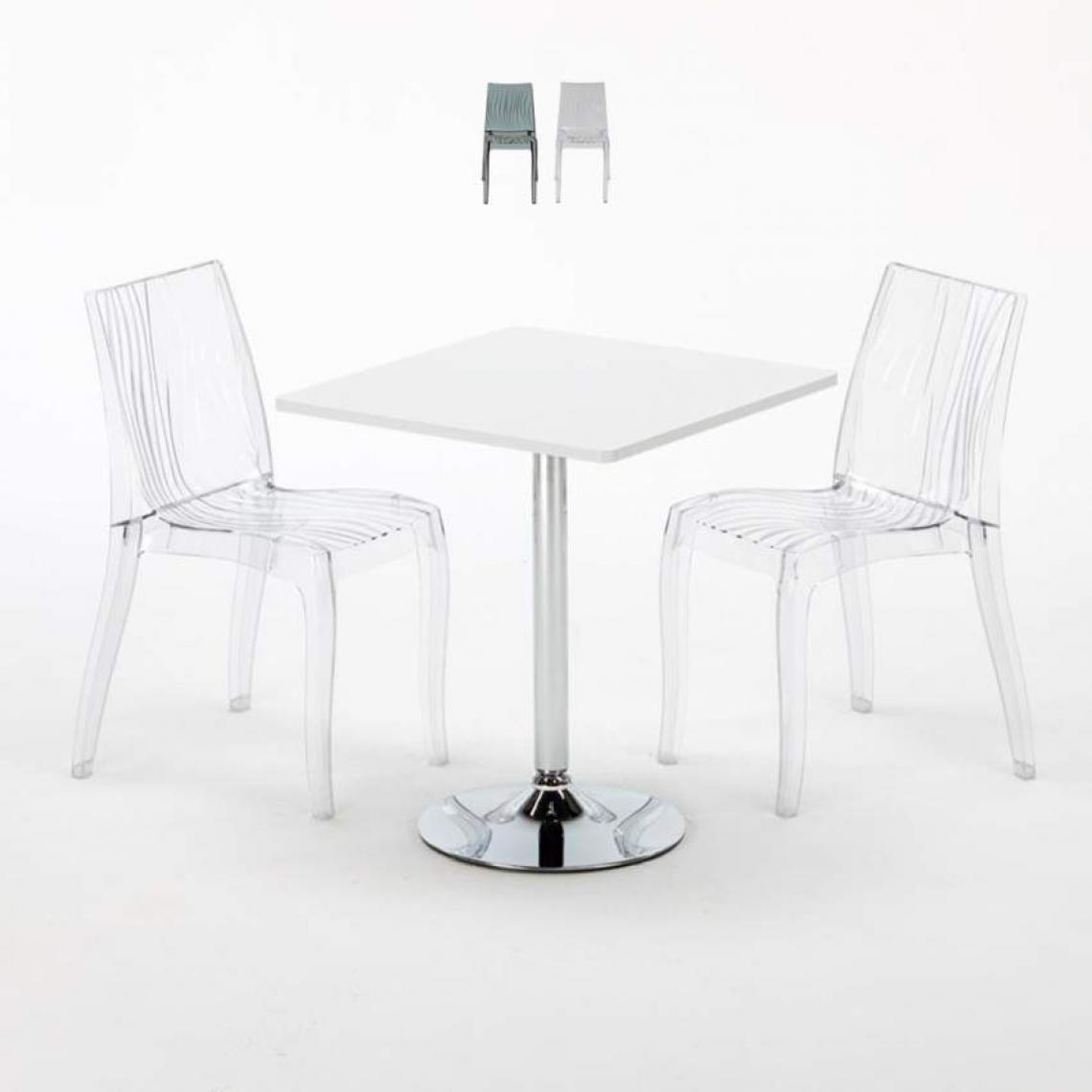Grand Soleil - Table Carrée Blanche 70x70cm Avec 2 Chaises Colorées Et Transparentes Set Intérieur Bar Café Dune Titanium, Couleur: Transparent - Tables à manger