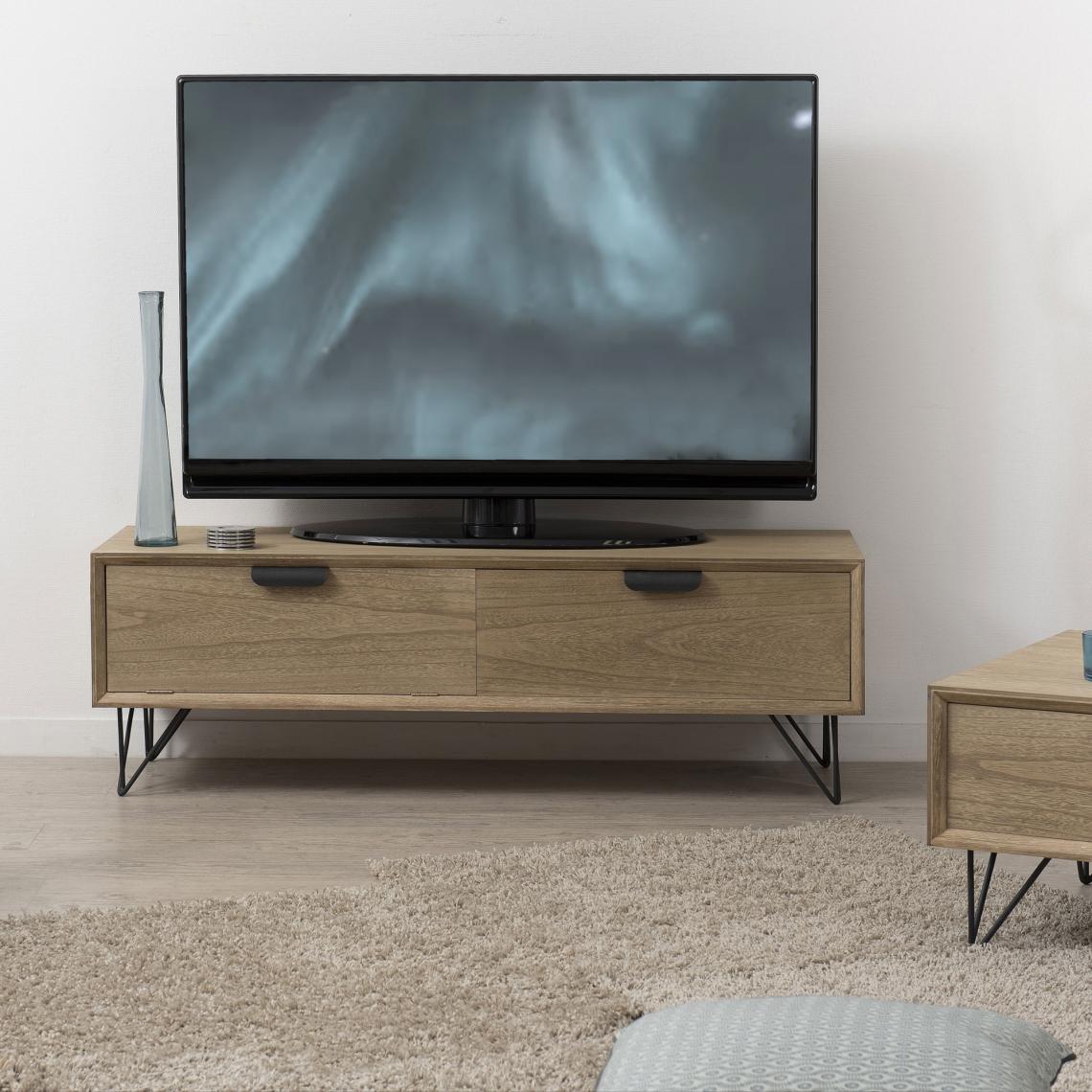 MACABANE - Meuble TV rectangulaire 1 porte 1 tiroir pieds épingle en métal - Marron - Meubles TV, Hi-Fi