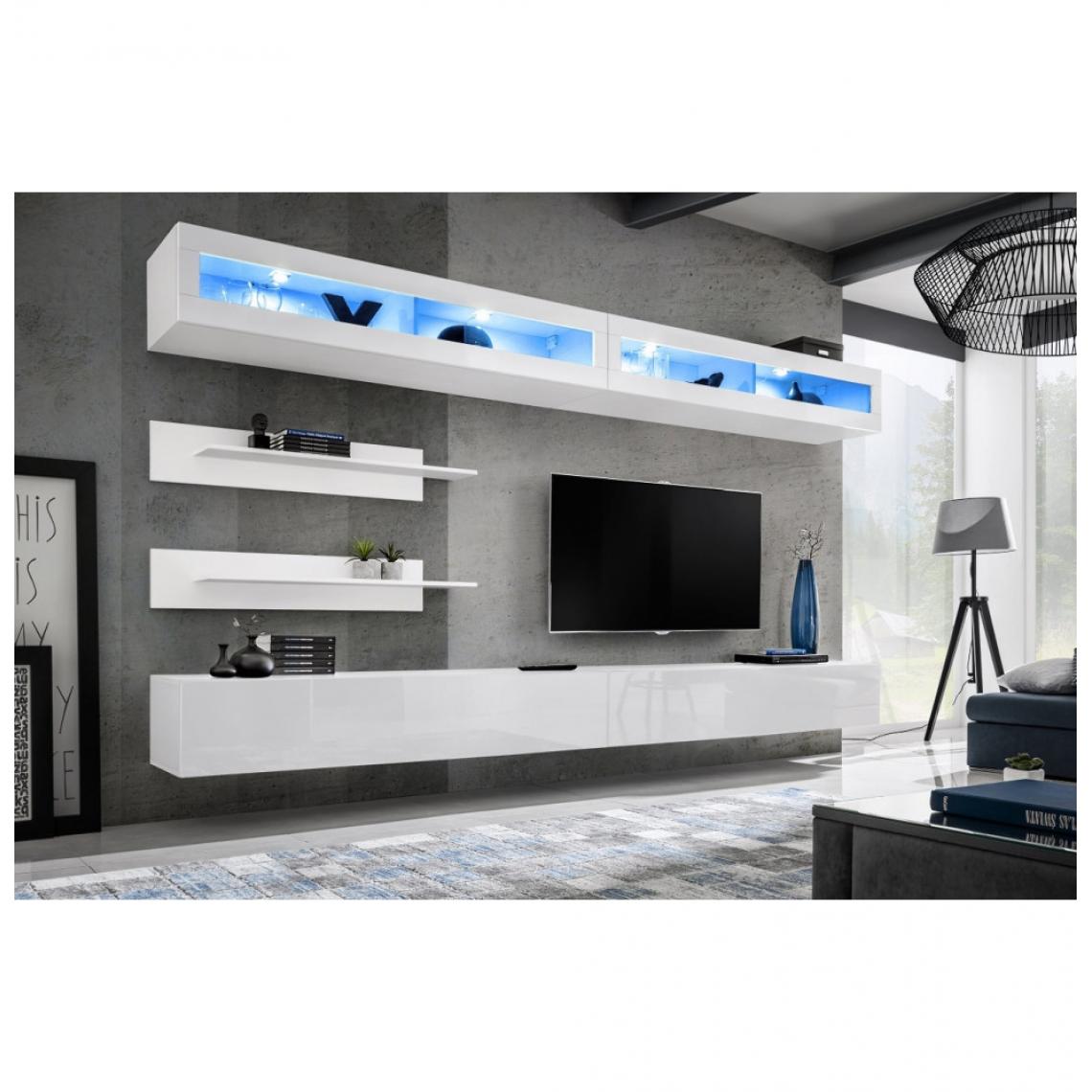 Ac-Deco - Ensemble mural - FLY I - 2 rangements LED - 2 meubles TV - 2 étagères - Blanc - Modèle 1 - Meubles TV, Hi-Fi