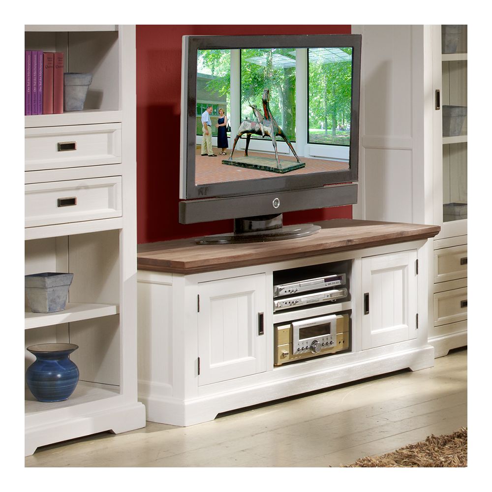 Nouvomeuble - Meuble TV 155 cm en bois massif blanc et marron ESTALE - Meubles TV, Hi-Fi
